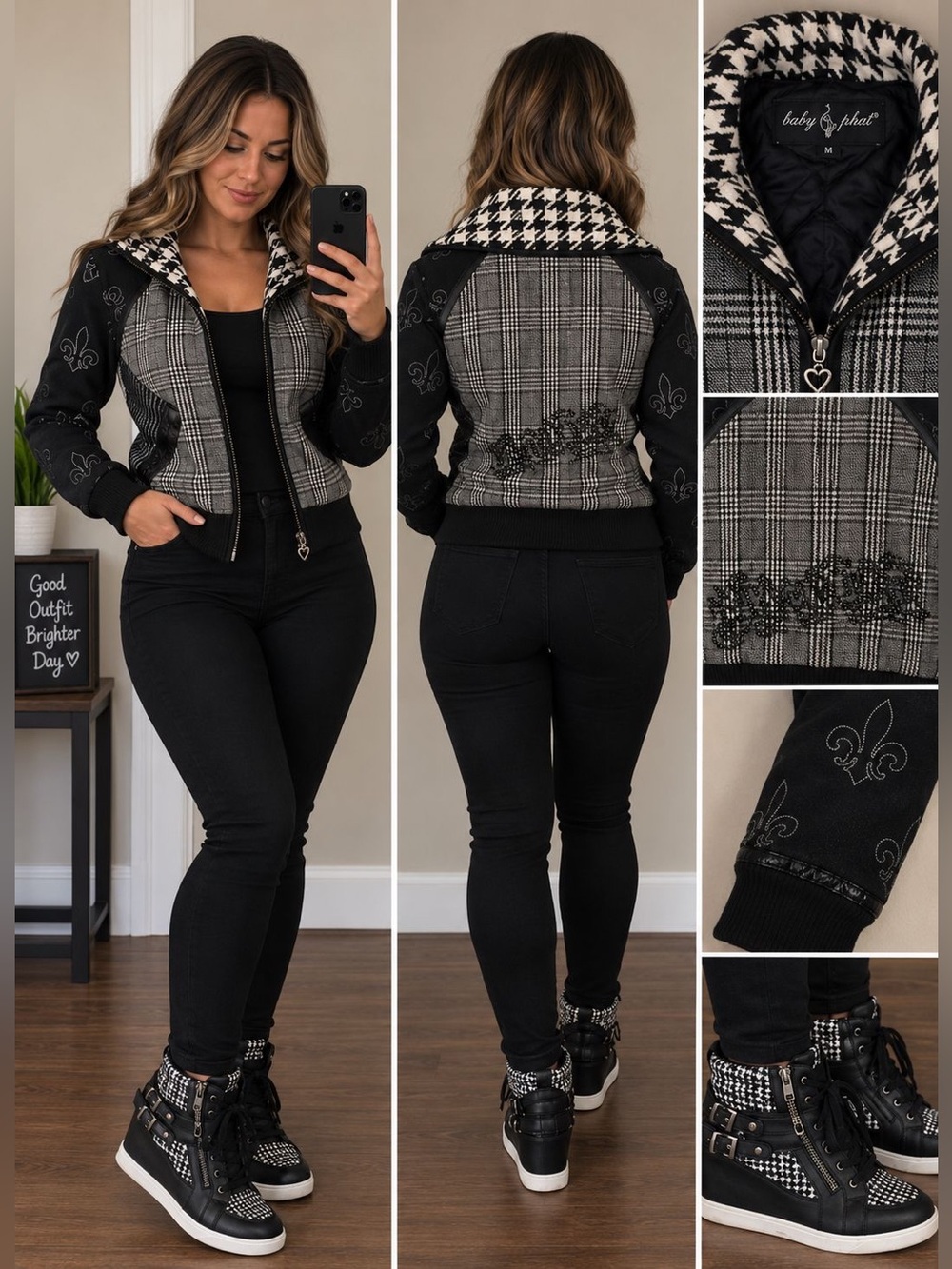Baby Phat Black & White Patterned Bomber Jacket